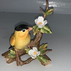 Yellow and Black porcelain gold finch Bird Figurine on Branch